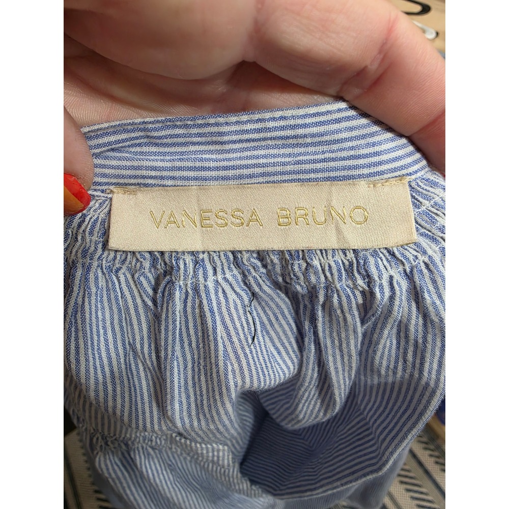 Vanessa Bruno Blue White Pinstripe Cotton Smocked Puff Sleeve Blouse Large - Picture 4 of 6
